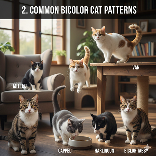 Các kiểu mèo bicolor phổ biến gồm tuxedo van harlequin mitted capped và bicolor tabby