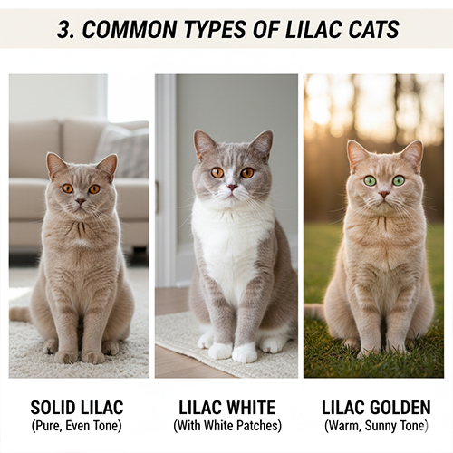 Ba kiểu mèo lilac phổ biến gồm lilac thuần màu, lilac phối trắng và lilac golden trong các bối cảnh ánh sáng khác nhau