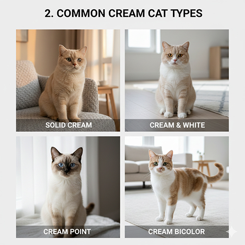 Các kiểu mèo màu kem phổ biến gồm mèo kem thuần, kem trắng, kem point và kem bicolor trong không gian trong nhà