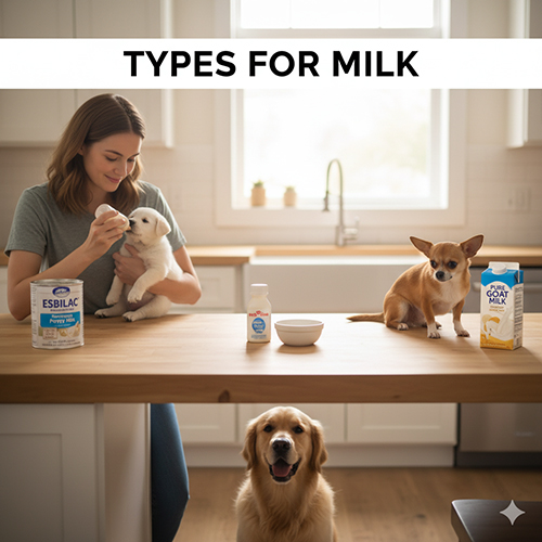 Cô gái cho chó con bú bình, cạnh đó là các loại sữa Esbilac, Royal Canin và sữa dê Pure Goat Milk; chó Chihuahua và Golden ngồi cạnh bàn.