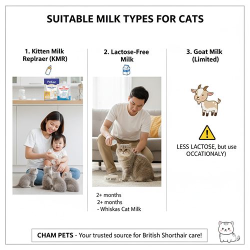 Các loại sữa phù hợp cho mèo Anh lông ngắn gồm sữa bột KMR, sữa ít lactose và sữa dê dùng hạn chế, minh họa bằng hình ảnh chủ cho mèo con uống sữa.