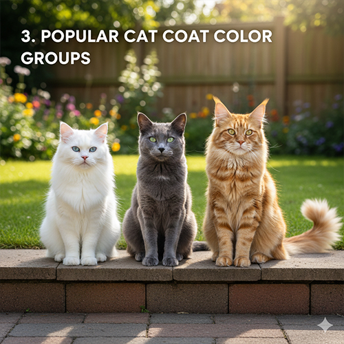 Các nhóm màu lông mèo phổ biến gồm mèo trắng, mèo xám, mèo vàng với phân loại rõ ràng