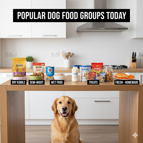 Chó Golden ngồi trước bàn với 6 loại thức ăn cho chó gồm hạt khô, hạt mềm, pate ướt, sữa, đồ thưởng và đồ tươi tự nấu trong bếp hiện đại.