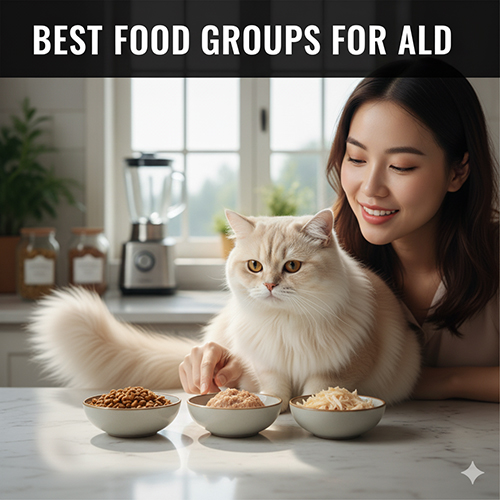 Cô gái đang chọn thức ăn cho mèo Anh lông dài với ba bát gồm hạt khô, pate và thịt tươi trên bàn bếp.