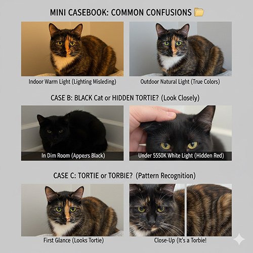 chuỗi ảnh minh họa các trường hợp dễ nhầm giữa tortie calico mèo đen và torbie dưới các điều kiện ánh sáng khác nhau