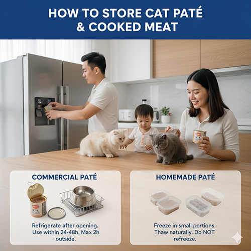 Gia đình cho mèo Anh lông ngắn ăn bên cạnh tủ lạnh, minh họa bảo quản pate công nghiệp và pate homemade