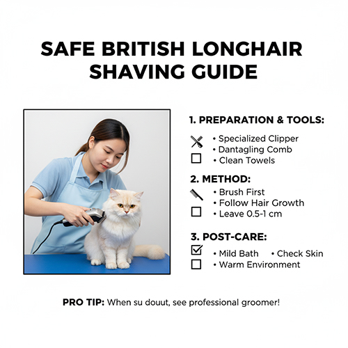 Cách cạo lông mèo Anh lông dài an toàn – Hình ảnh nhân viên grooming đang cạo lông cho mèo British Longhair trắng, minh họa hướng dẫn từng bước chăm sóc sau khi cạo.