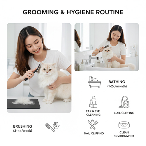 Cô gái chải lông và tắm cho mèo Anh lông dài trong phòng tắm, minh họa quy trình chăm sóc và vệ sinh định kỳ.