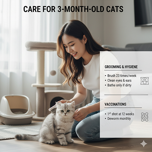 Cô gái trẻ chải lông cho mèo Anh lông ngắn 3 tháng tuổi trong phòng có khay cát và cây leo mèo phía sau