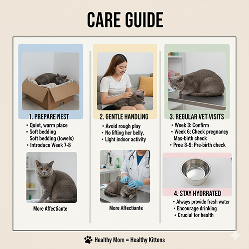 Infographic hướng dẫn cách chăm sóc mèo Anh lông ngắn khi mang thai với hình ảnh minh họa từng bước