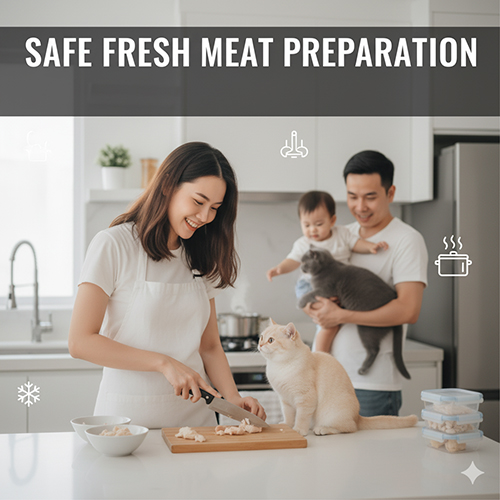 Cô gái chuẩn bị thịt gà tươi cho mèo Anh lông ngắn trong bếp, bên cạnh chồng và con nhỏ đang bế mèo khác