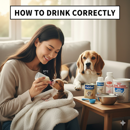 Cô gái cho chó con bú bình, cạnh bàn có các hộp sữa Esbilac, Bioline và Royal Canin Milk Replacer; chó mẹ nằm kế bên.