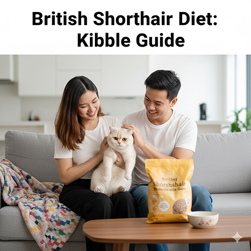 Cặp đôi trẻ vuốt ve mèo Anh lông ngắn bên túi hạt dành riêng cho giống mèo này