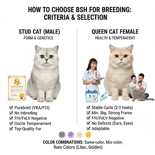Mèo Anh lông ngắn đực và cái cùng bác sĩ thú y, minh họa hướng dẫn chọn mèo giống đạt chuẩn để phối