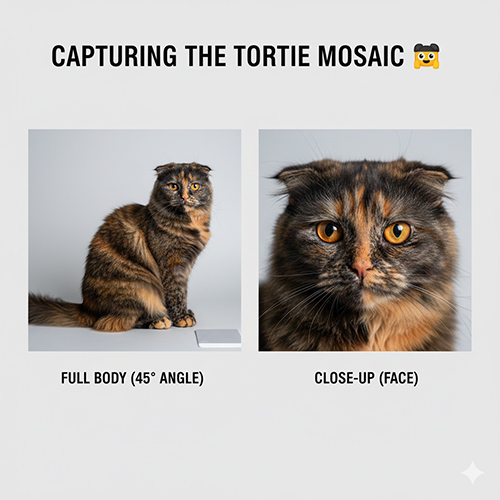 hai ảnh mèo đồi mồi: một toàn thân góc 45 độ và một ảnh cận mặt để thấy rõ mảng màu