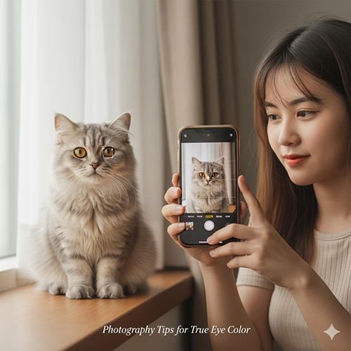 Cô gái chụp ảnh mèo Anh lông xám bên cửa sổ bằng điện thoại, ánh sáng tự nhiên làm nổi bật màu mắt vàng thật của mèo.