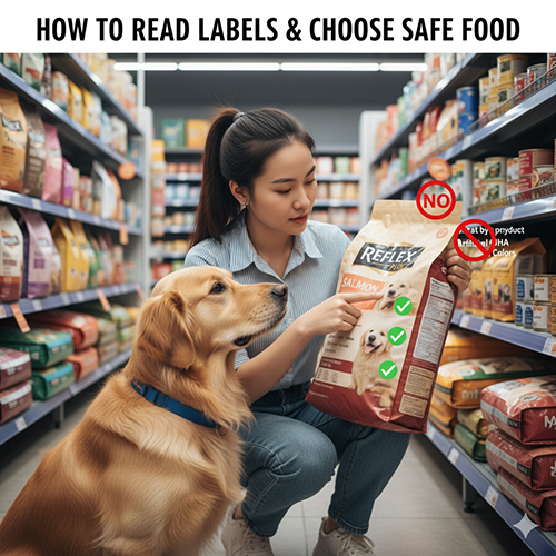 Cô gái đang xem bao thức ăn Reflex cho chó Golden trong siêu thị, chỉ vào các thành phần được đánh dấu xanh và ký hiệu cảnh báo màu đỏ.
