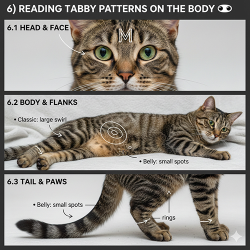 Minh họa cách nhận diện hoa văn tabby trên đầu mặt thân mình đuôi và chân mèo