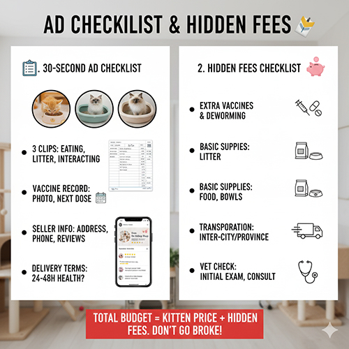 ảnh hướng dẫn đọc tin rao mèo con và checklist các loại phí ẩn thường gặp