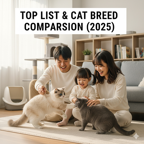 Gia đình hạnh phúc chơi với hai chú mèo trong phòng khách, minh họa cho hướng dẫn đọc bảng xếp hạng và tiêu chí chọn giống mèo