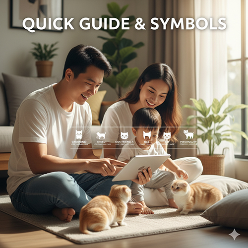 Gia đình xem hướng dẫn chọn mèo cảnh trên máy tính bảng, minh họa bảng ký hiệu nhanh về grooming, năng lượng, kích thước và tính cách của mèo.