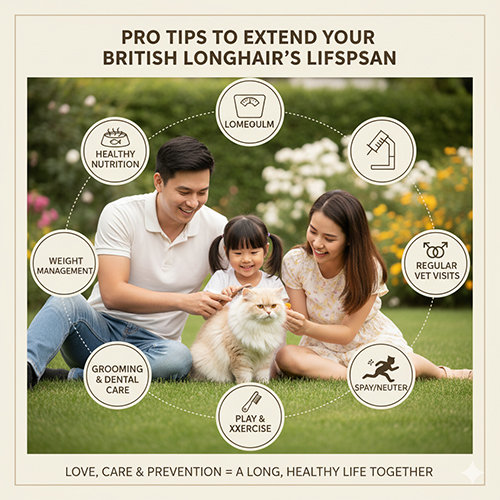 Gia đình chơi cùng mèo Anh lông dài ngoài sân vườn, minh họa các bí quyết kéo dài tuổi thọ cho mèo ALD.