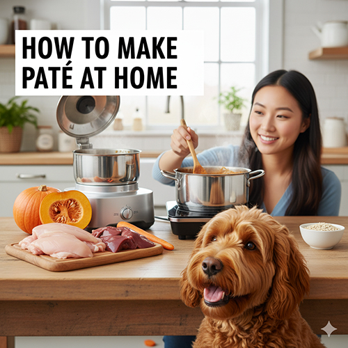 Cô gái đang nấu pate cho chó trong bếp, trước mặt là gan gà, thịt nạc, bí đỏ, cà rốt và bột yến mạch; chó lông xoăn nâu ngồi nhìn.