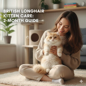 Cách nuôi mèo Anh lông dài 2 tháng tuổi – Hình ảnh cô gái trẻ âu yếm mèo British Longhair con màu vàng kem trong không gian ấm áp tại nhà.