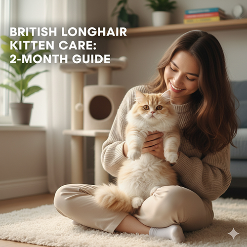 Cách nuôi mèo Anh lông dài 2 tháng tuổi – Hình ảnh cô gái trẻ âu yếm mèo British Longhair con màu vàng kem trong không gian ấm áp tại nhà.
