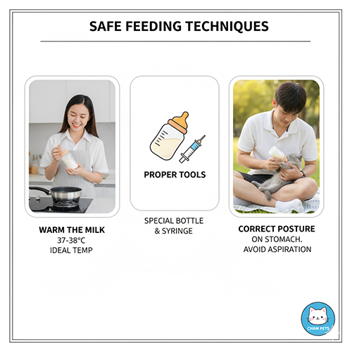 Hướng dẫn cho mèo Anh lông ngắn bú sữa an toàn, gồm hâm sữa ấm 37–38°C, dùng bình chuyên dụng và giữ tư thế nằm sấp khi cho bú.