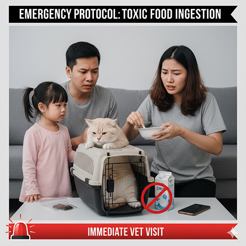 Gia đình lo lắng khi mèo Anh lông ngắn ngồi trong lồng vận chuyển, người mẹ cầm bát nước và biểu tượng cảnh báo thực phẩm độc hại bên cạnh.