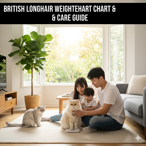 Gia đình cân mèo Anh lông dài trong phòng khách sáng, hình minh họa cho bảng cân nặng mèo Anh lông dài theo tháng.