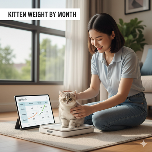 Cô gái cân mèo Anh lông ngắn con trên cân điện tử, bên cạnh là máy tính bảng hiển thị bảng cân nặng theo tháng