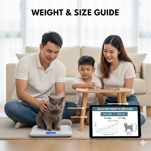 Gia đình cân mèo Anh lông ngắn trưởng thành trên cân điện tử, cạnh máy tính bảng hiển thị biểu đồ cân nặng và kích thước tiêu chuẩn