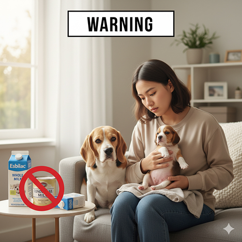 Cô gái bế chó con trên ghế sofa, bên cạnh là chó mẹ; trên bàn có hộp sữa bò và sữa đặc bị gạch chéo đỏ, cùng hộp sữa Esbilac.
