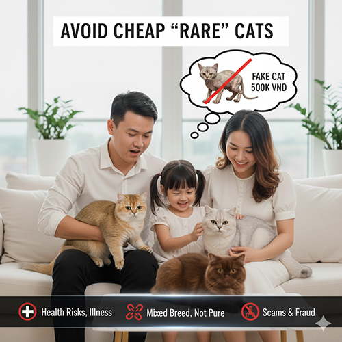 Gia đình chơi cùng mèo Anh lông dài màu hiếm, kèm hình minh họa cảnh báo “fake cat 500k” – tránh mua mèo giá rẻ không thuần chủng