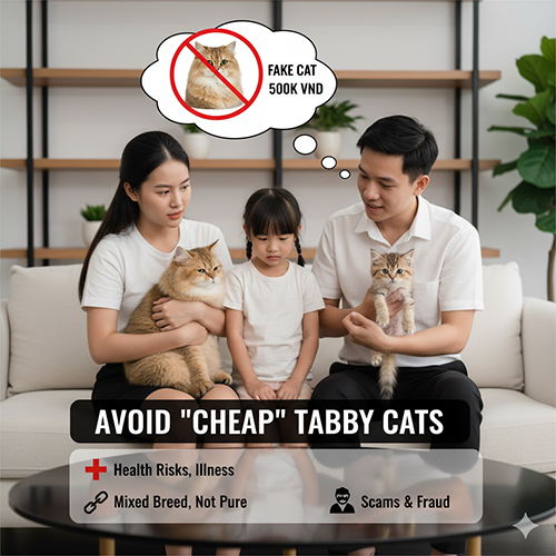 Gia đình nhỏ ôm mèo Anh lông dài Tabby, kèm cảnh báo “fake cat 500k” – minh họa rủi ro khi mua mèo Tabby giá rẻ