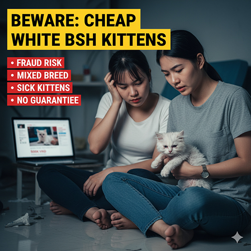 Hai cô gái lo lắng khi ôm mèo con trắng yếu ớt, minh họa cảnh báo về rủi ro khi mua mèo Anh lông dài trắng giá rẻ trên mạng