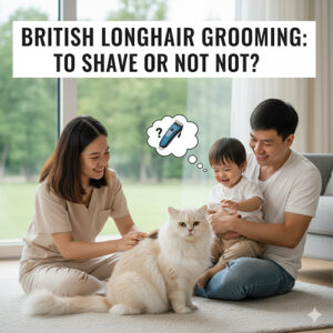 Cạo lông mèo Anh lông dài – nên hay không? Hình ảnh gia đình vui vẻ chăm sóc mèo British Longhair lông trắng trong nhà.