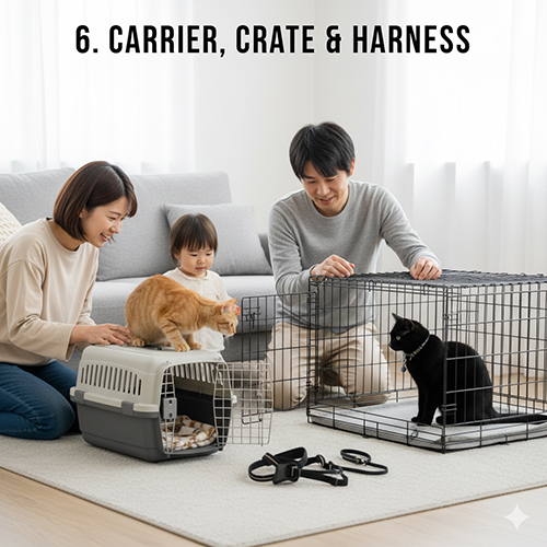 Gia đình làm quen cho hai chú mèo với thùng vận chuyển và chuồng lồng, thể hiện cách chuẩn bị an toàn cho việc di chuyển và chăm sóc mèo.