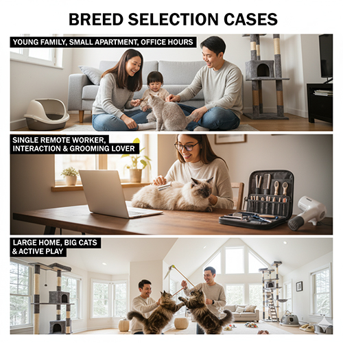 Bộ ảnh minh họa ba tình huống chọn giống mèo theo lối sống: gia đình trẻ nuôi mèo trong chung cư, người làm việc tại nhà với mèo Ragdoll, và chủ nhà rộng chơi cùng mèo Maine Coon