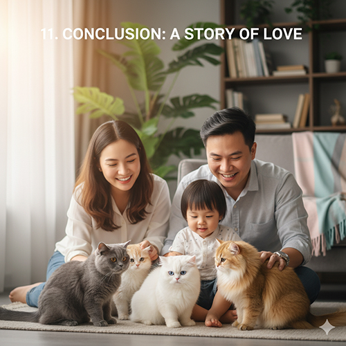 Gia đình hạnh phúc bên bốn bé mèo Anh nhiều màu sắc gồm xám, trắng, vàng trong phòng khách sáng ấm áp