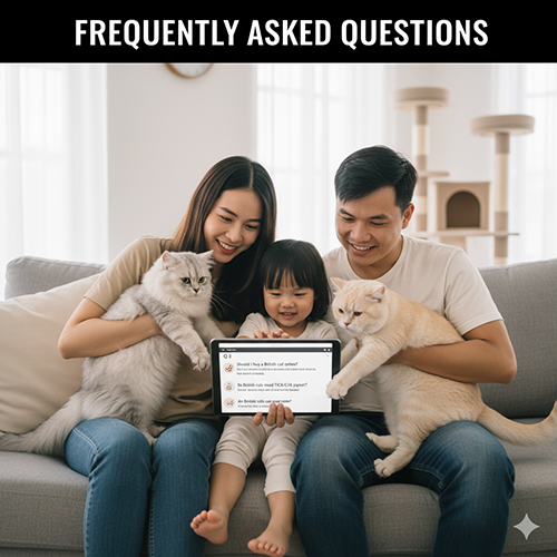 Gia đình cùng mèo Anh lông ngắn và lông dài ngồi trên sofa, cầm máy tính bảng hiển thị các câu hỏi FAQ về việc mua mèo Anh