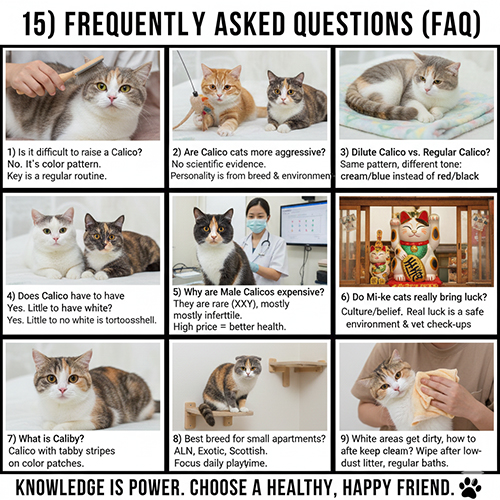 Các câu hỏi thường gặp về mèo tam thể calico liên quan đến nuôi dưỡng, tính cách và màu lông