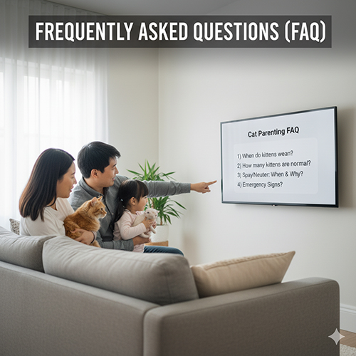 Gia đình ngồi trên ghế sofa cùng mèo, xem phần câu hỏi thường gặp về chăm sóc mèo hiển thị trên màn hình