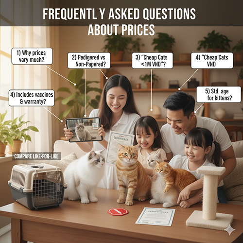 Câu hỏi thường gặp về giá mèo cảnh – giải thích nguyên nhân chênh lệch, phân biệt mèo có/không giấy, cảnh báo mèo giá rẻ và cách đọc giá minh bạch
