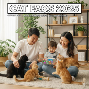 Gia đình hạnh phúc cùng nhiều chú mèo dễ thương đang chơi đùa trong phòng khách, biểu tượng cho bài viết Câu hỏi thường gặp về Mèo (FAQ).