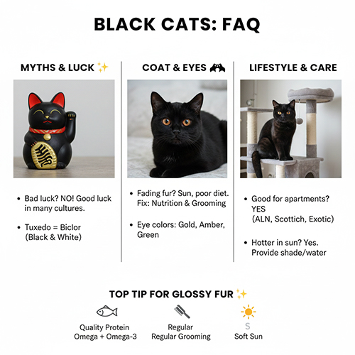 Tổng hợp câu hỏi thường gặp về mèo đen gồm quan niệm may mắn, màu lông, màu mắt và chăm sóc