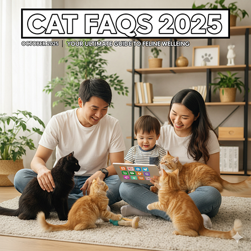 Gia đình hạnh phúc cùng nhiều chú mèo dễ thương đang chơi đùa trong phòng khách, biểu tượng cho bài viết Câu hỏi thường gặp về Mèo (FAQ).