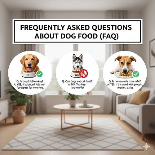 Ba chú chó đại diện cho các câu hỏi thường gặp về thức ăn cho chó, trong phòng khách sáng sủa với biểu tượng đúng và sai minh họa.